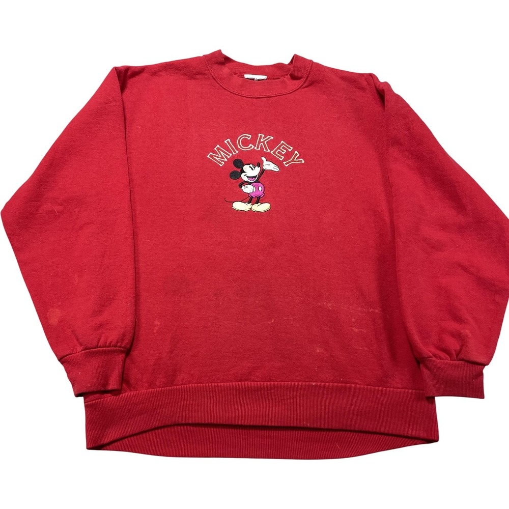 Mickey Mouse Sweatshirt Mens Small Red Embroidered Fleece Crewneck Pullover VTG
